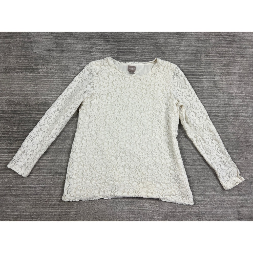 Chico's Blouse Womens 2 Ivory Floral Lace Long Sleeve Crew Neck Stretch Lined